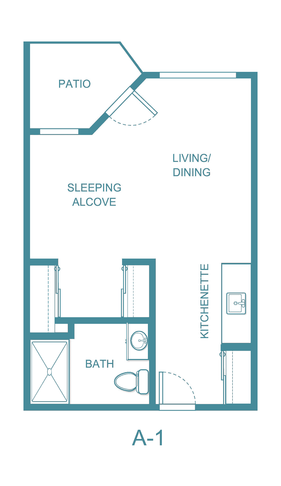 Studio apartment floor plan with a sleeping alcove, living/dining area, kitchenette, and bathroom.