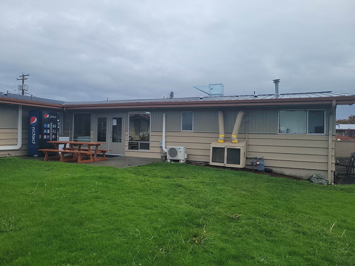 A single-story house with a grassy backyard on a cloudy day.