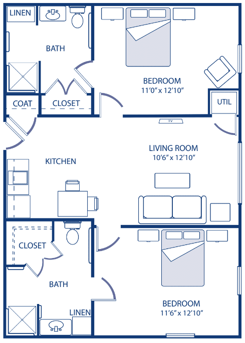 One-bedroom apartment floor plan with living room, kitchen, and bathroom.