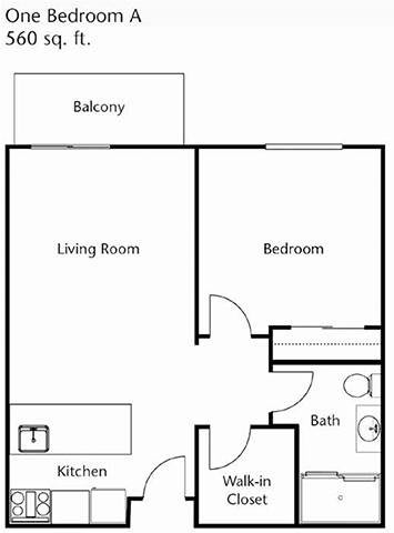 A simple floor plan of a one-bedroom apartment with a living room, bathroom, and balcony.