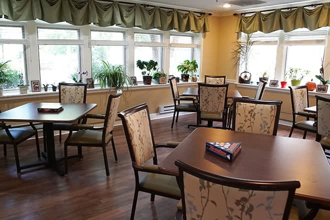 A cozy dining area with tables and chairs, adorned with plants by the windows.