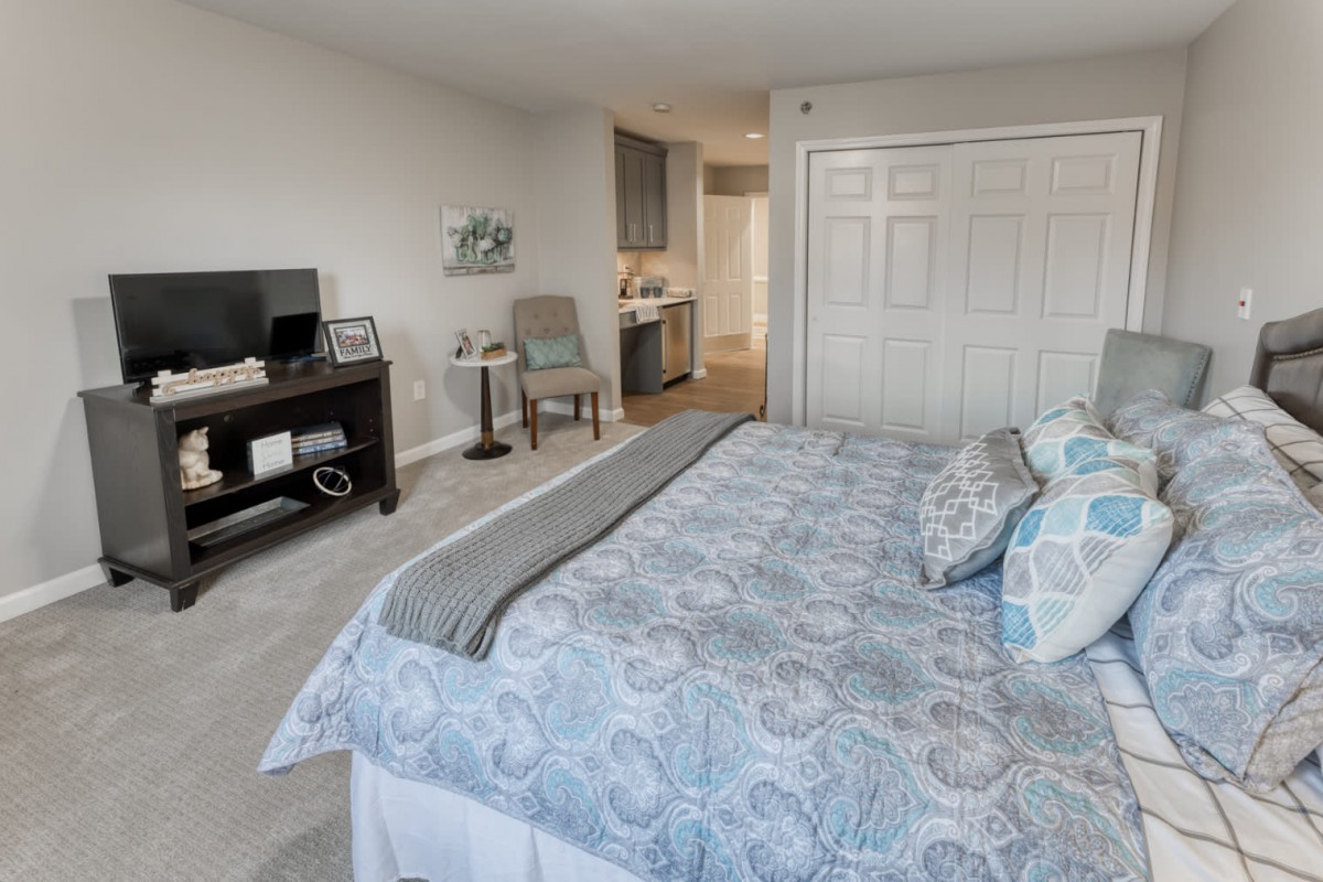 A cozy and modern bedroom featuring a large bed, television, and stylish decor.