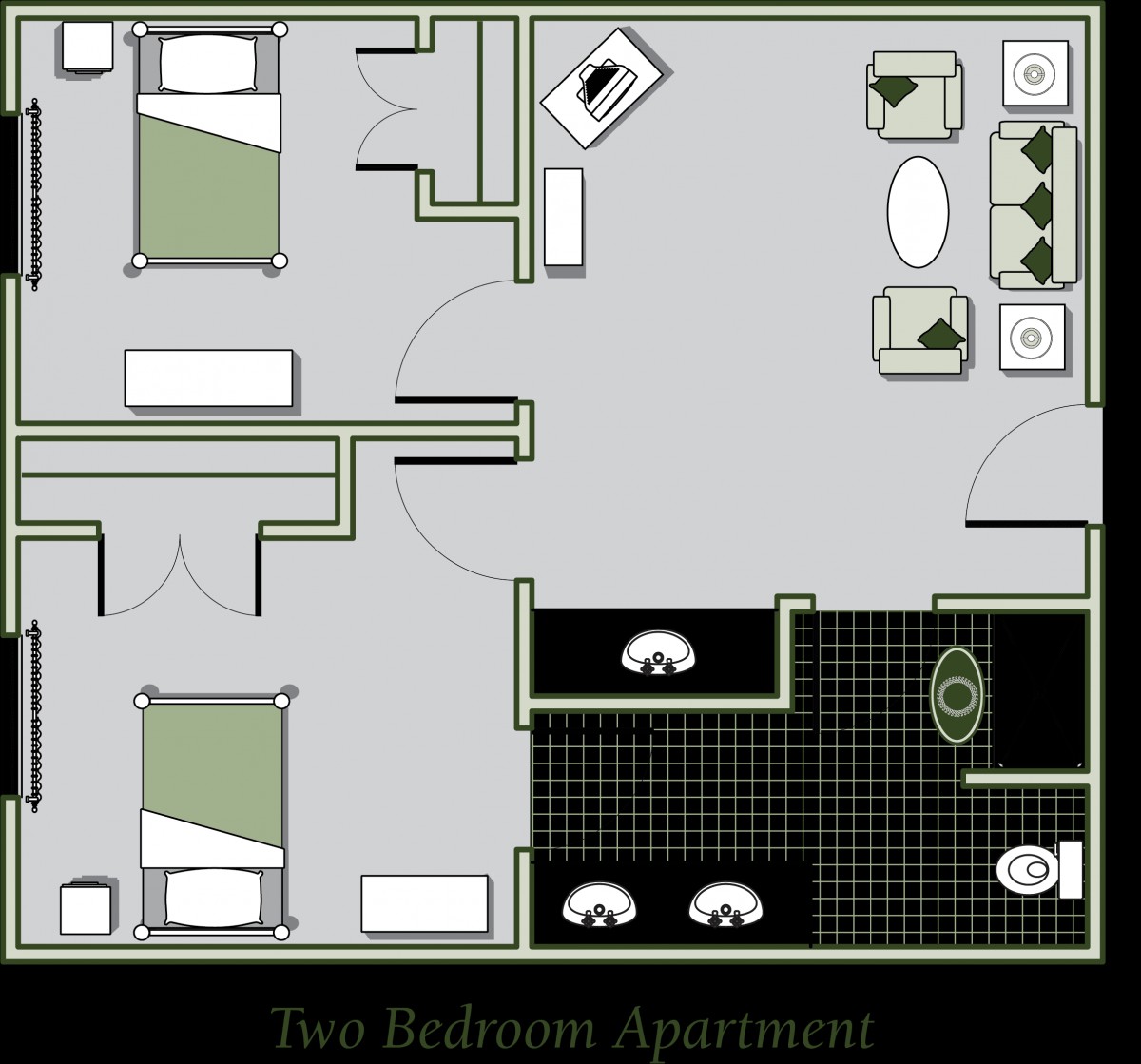 A detailed floor plan of a two-bedroom apartment, showcasing the layout of bedrooms, bathroom, and living spaces.