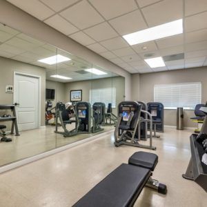A well-equipped gym with treadmills and mirrors in a spacious exercise room.