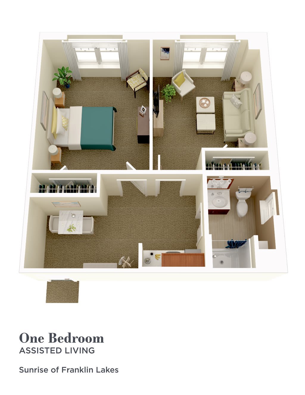One-bedroom apartment floor plan with living room, kitchen, and bathroom.