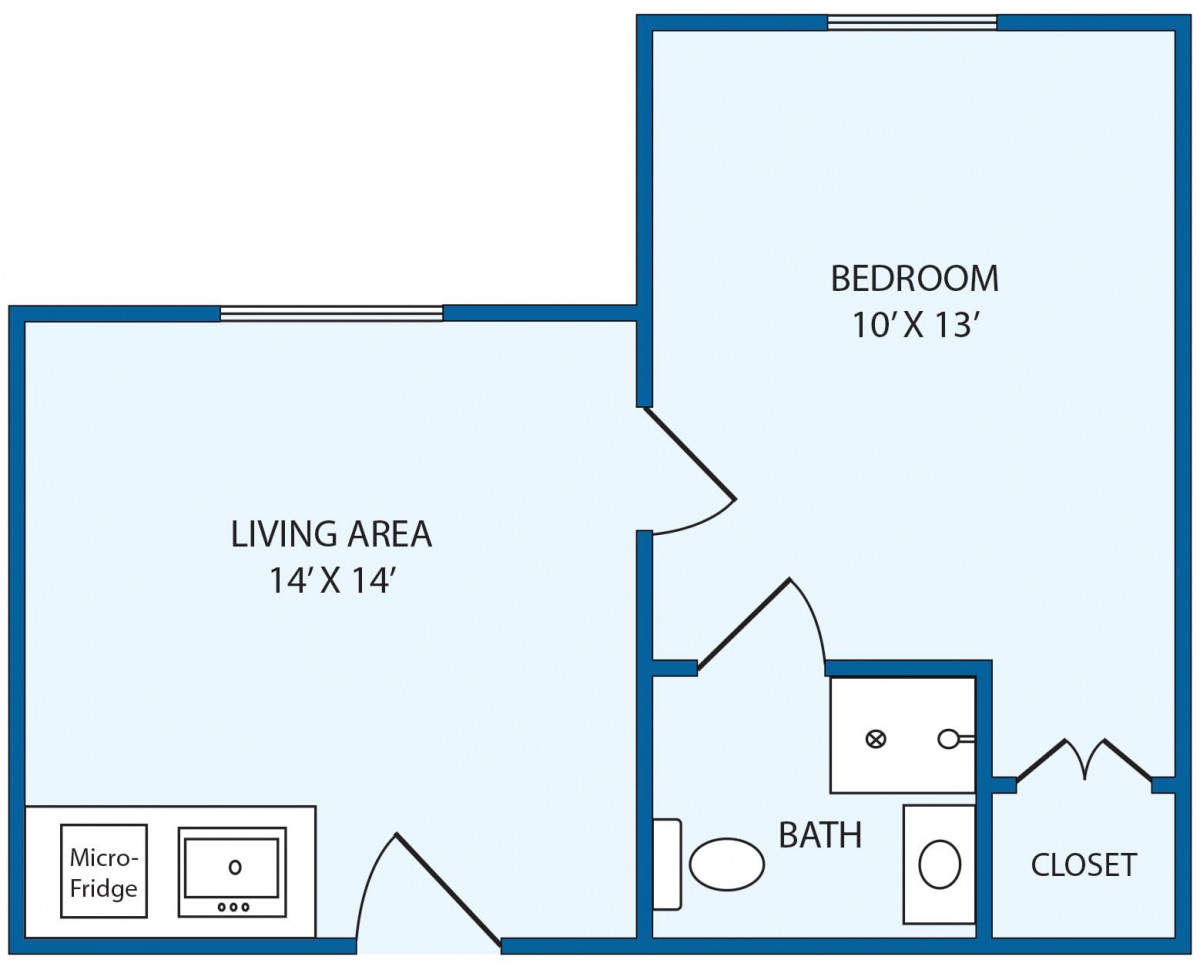 A floor plan showing a one-bedroom apartment layout with living area, bedroom, and bathroom.