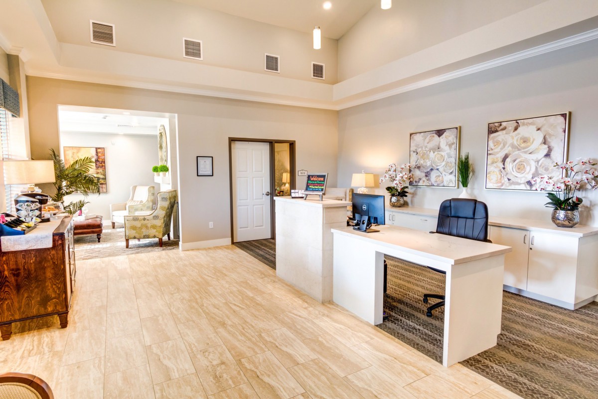 A modern office reception area with a bright and clean design.