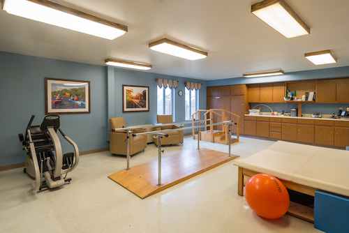 A well-equipped physical therapy room featuring balance bars, exercise equipment, and a vibrant orange exercise ball.