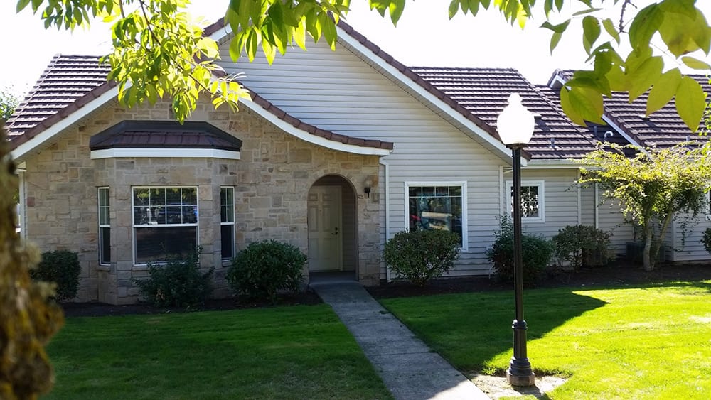 A suburban house with a well-maintained lawn and a lamp post in front.