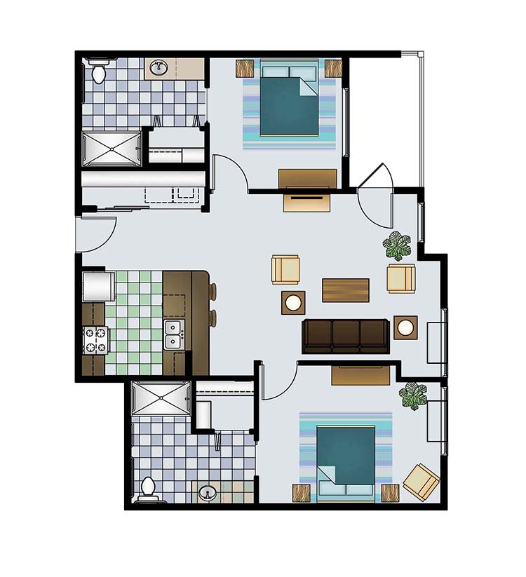 A floor plan layout for a two-bedroom apartment featuring a kitchen, living room, two bathrooms, and designated spaces for furniture.