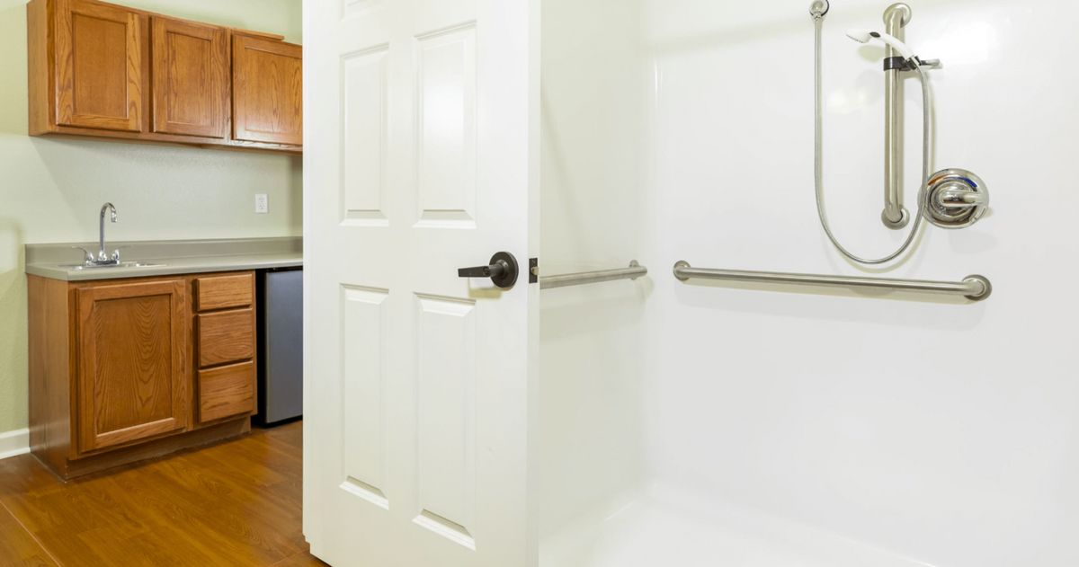 Accessible bathroom with a shower equipped with grab bars and an open door.