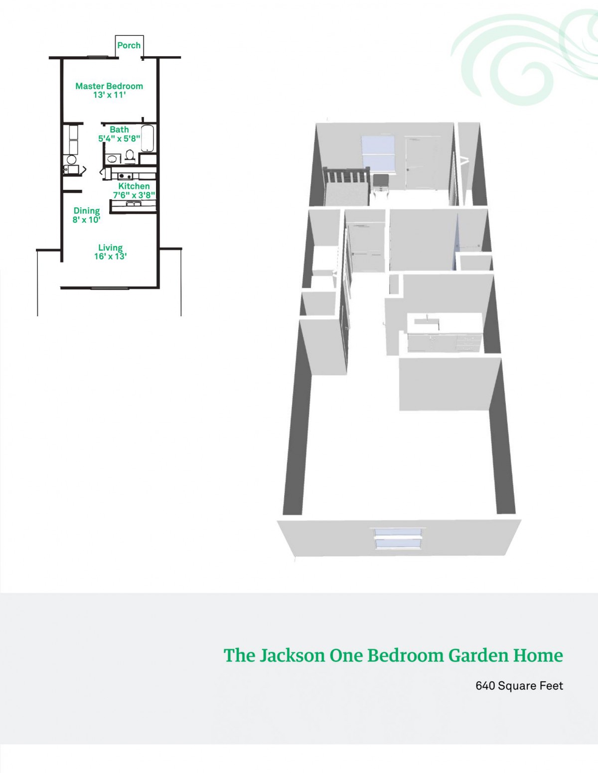 3D floor plan of a two-bedroom garden home.