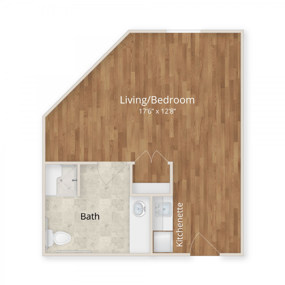 A floor plan of a studio apartment with a living room, kitchen, and bathroom.