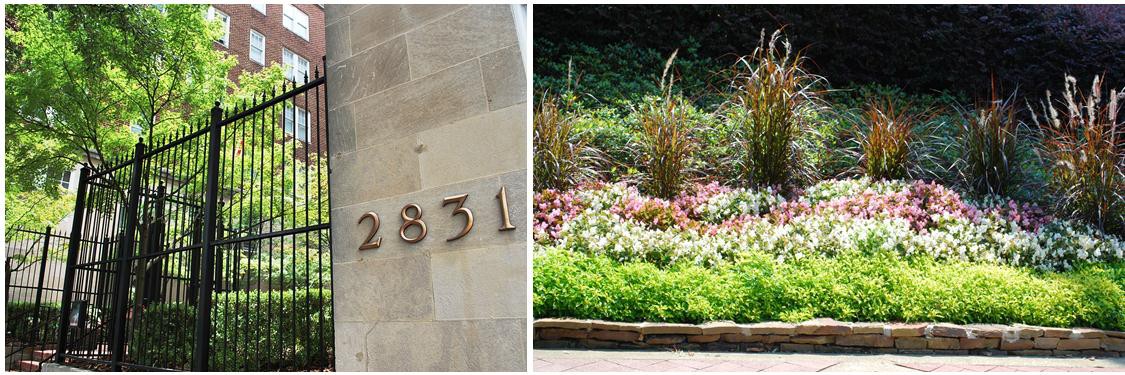 A building wall displaying the address '2831' next to a colorful garden with various plants and flowers.