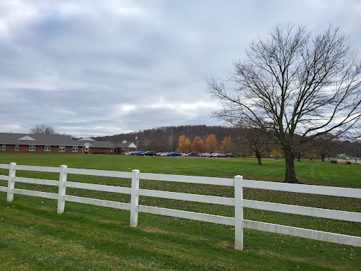 A serene rural landscape featuring a white fence and a tree, set against an autumn backdrop under a cloudy sky.