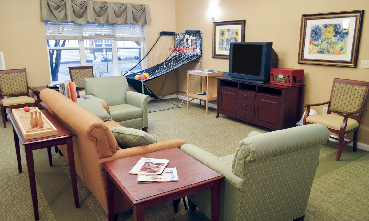 A cozy living room with comfortable seating, a television, and an indoor basketball game setup.
