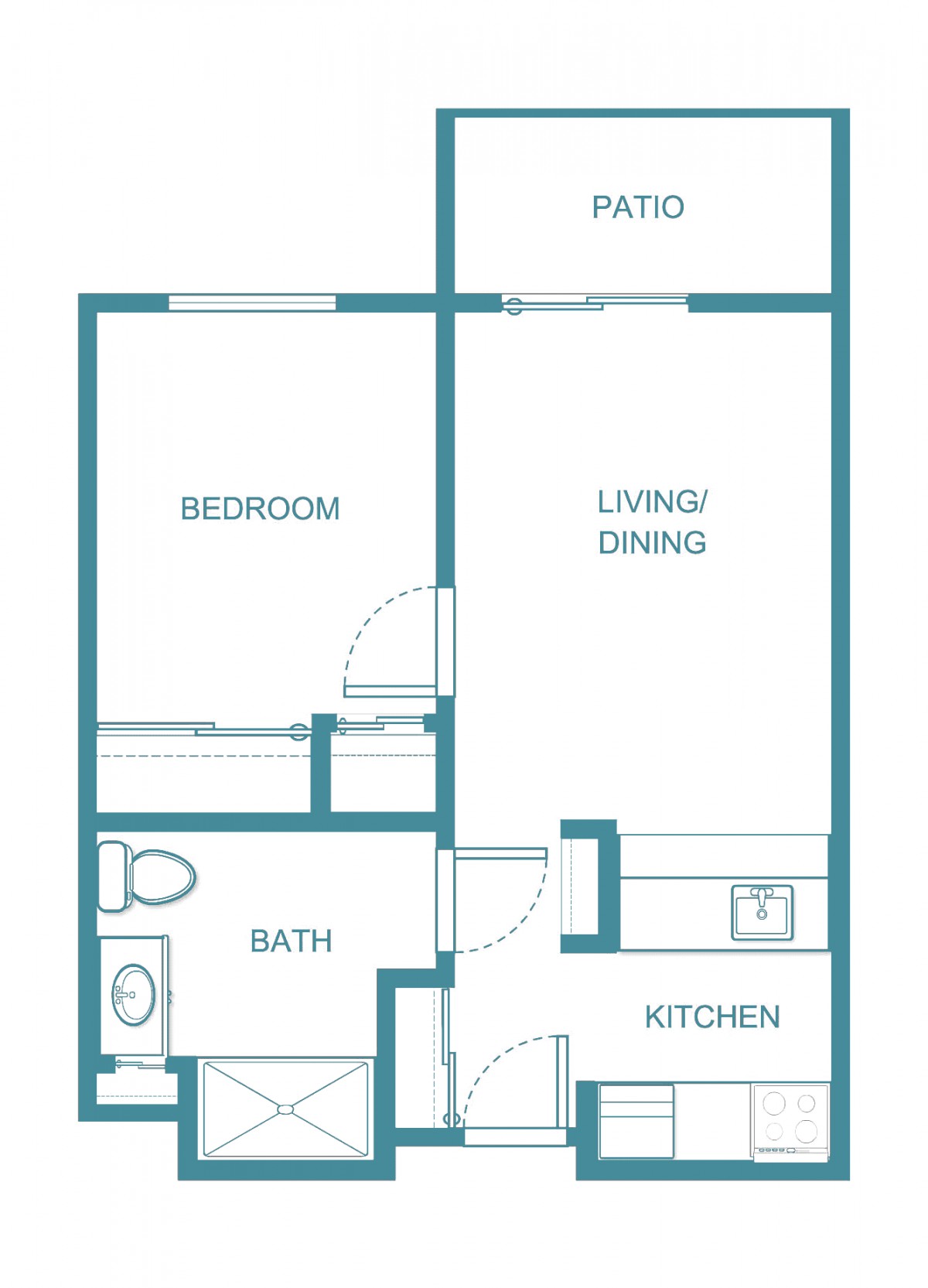 A floor plan of a one-bedroom apartment featuring a kitchen, living/dining area, bathroom, and patio.