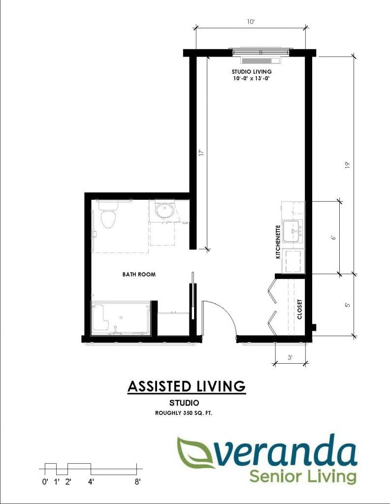 A floor plan of an assisted living studio apartment.