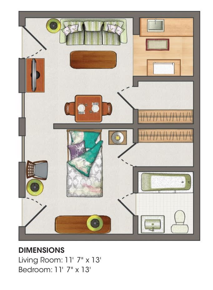 A detailed floor plan illustrating a room layout with furniture and fixtures.