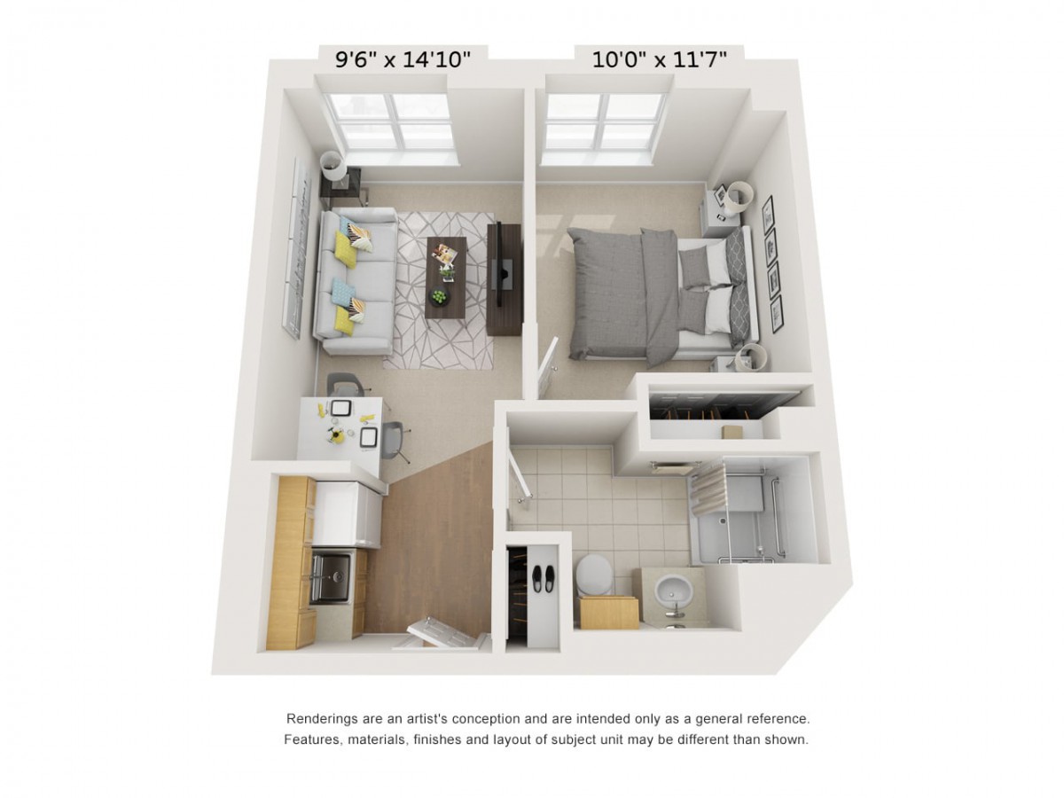 A 3D rendering of a one-bedroom apartment floor plan with labeled dimensions.