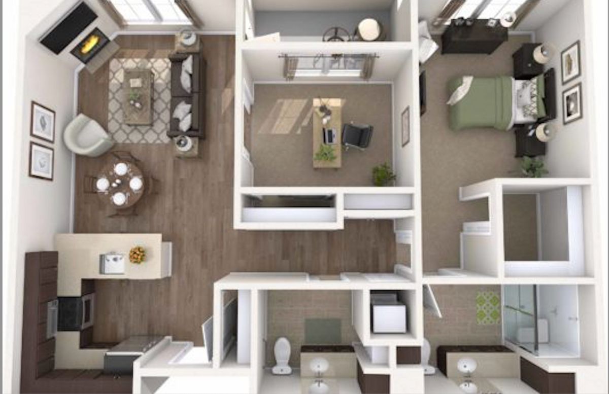 A detailed floor plan of a modern apartment featuring a living room, bedroom, kitchen, and bathroom.