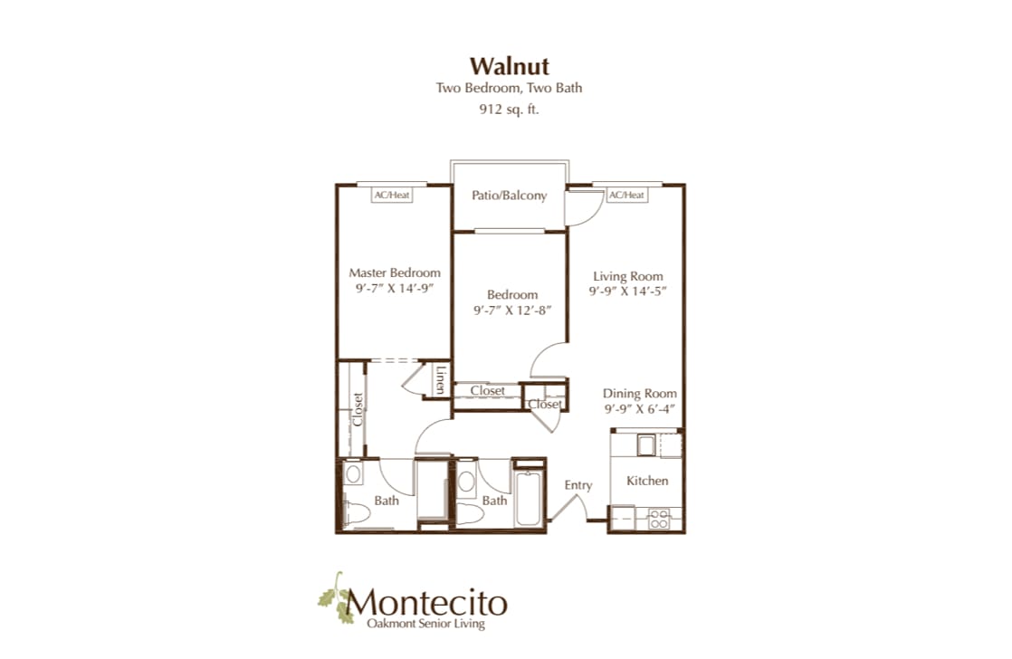 Floor plan of a two-bedroom, two-bathroom apartment labeled 'Walnut'.
