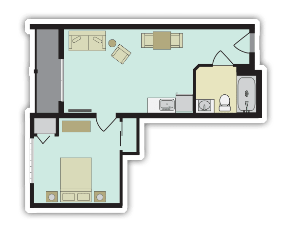 A floor plan of a one-bedroom apartment featuring a living area, kitchen, bathroom, and bedroom.