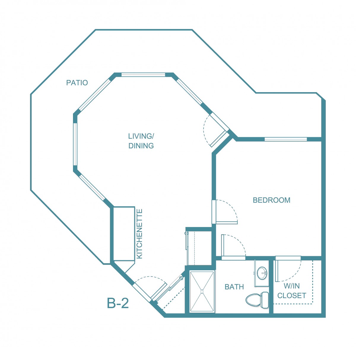 This is a floor plan of an apartment featuring a living area, bedroom, bathroom, kitchen, and closet space.