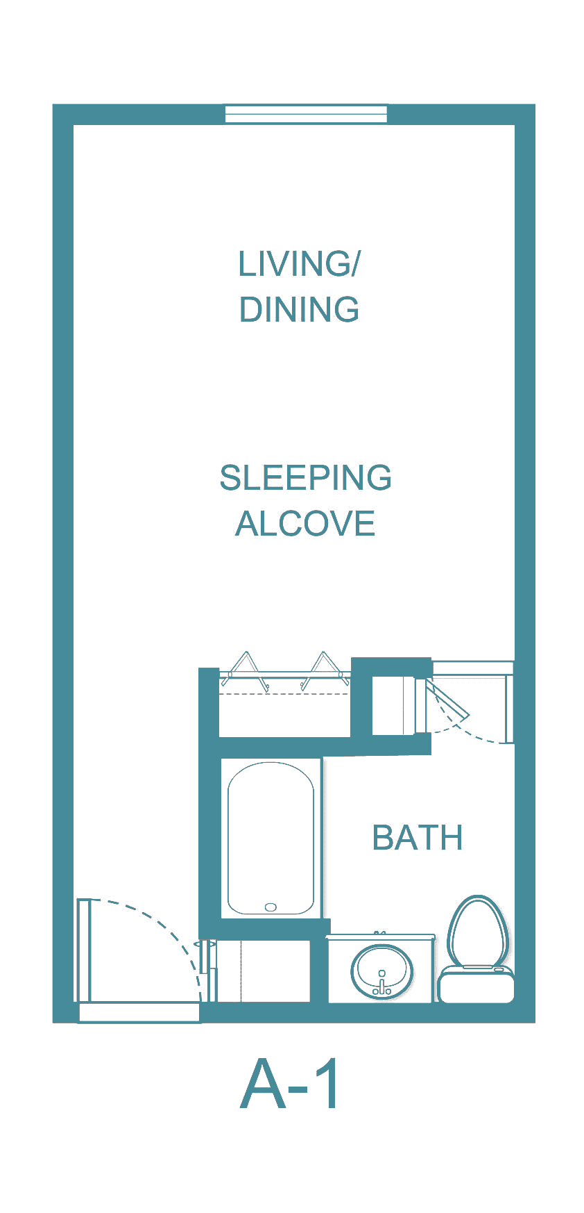 Simple floor plan of a studio apartment featuring a living/dining area, sleeping alcove, and bathroom.
