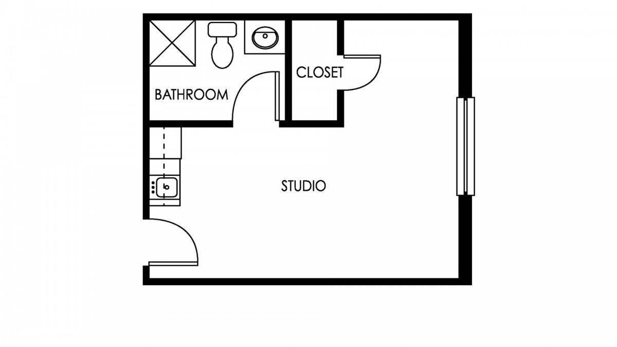 Floor plan of a studio apartment with a bathroom, kitchenette, and closet.