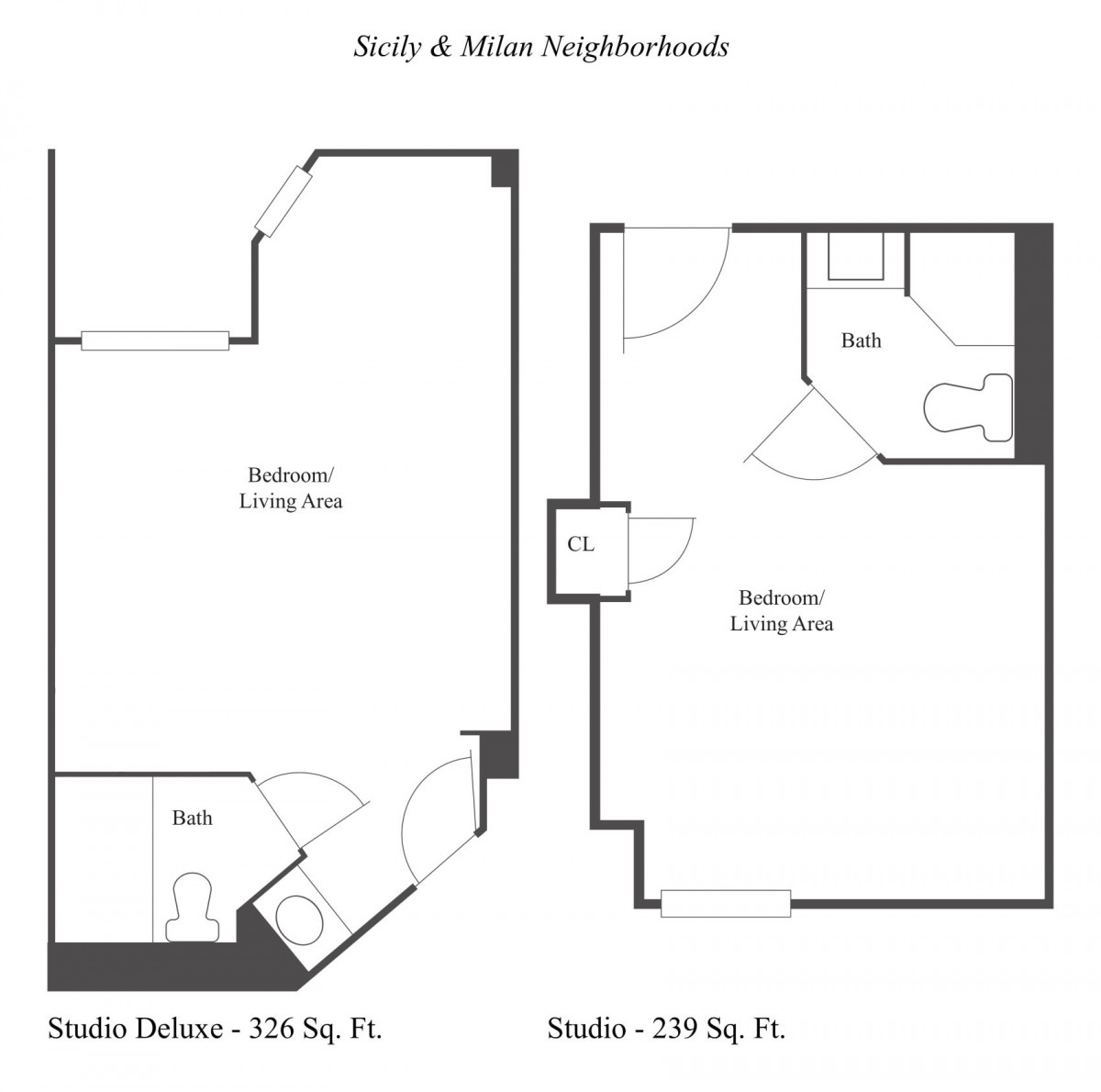 Floor plans for two studio apartments showing different layouts and square footage.