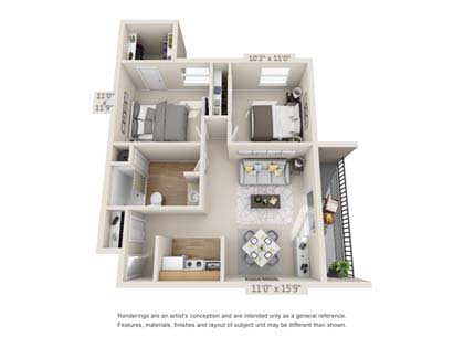 A 3D floor plan of a two-bedroom apartment showcasing the layout with living room, kitchen, and balcony.