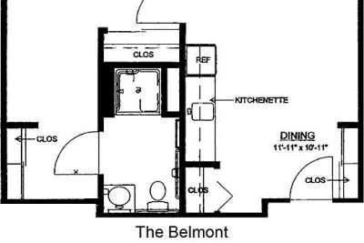 A floor plan of a studio apartment labeled 'The Belmont' featuring a kitchenette, dining area, bathroom, and closets.