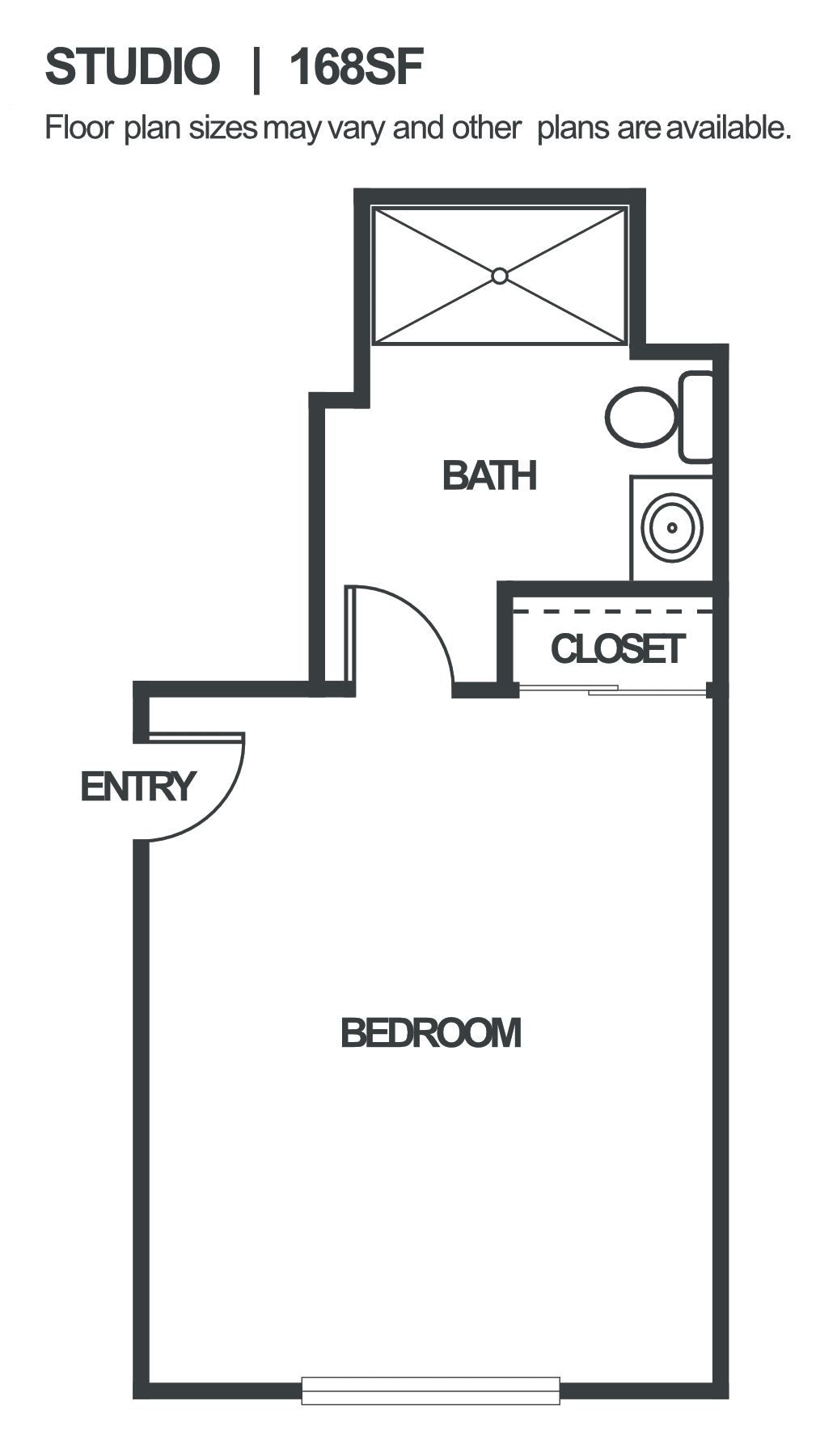 Simple apartment floor plan featuring a bedroom, bathroom, closet, and entryway.