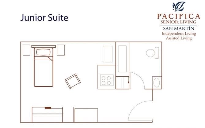 This is a floor plan of an interior suite, showing the arrangement of furniture and amenities.
