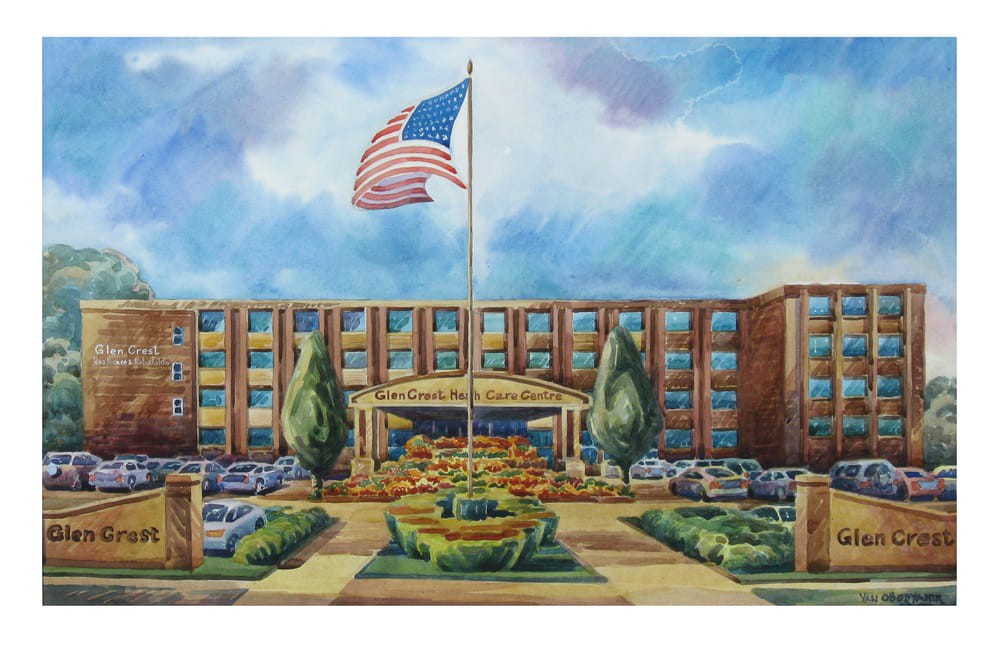 A painted depiction of a large building with an American flag flying in front, surrounded by cars and landscaped trees under a cloudy sky.