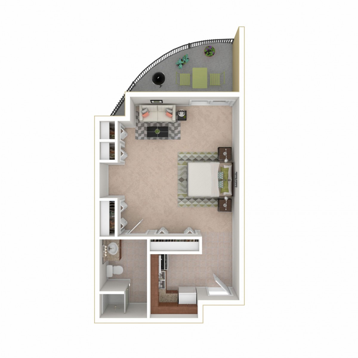 3D floor plan of a one-bedroom apartment with living area and kitchen.