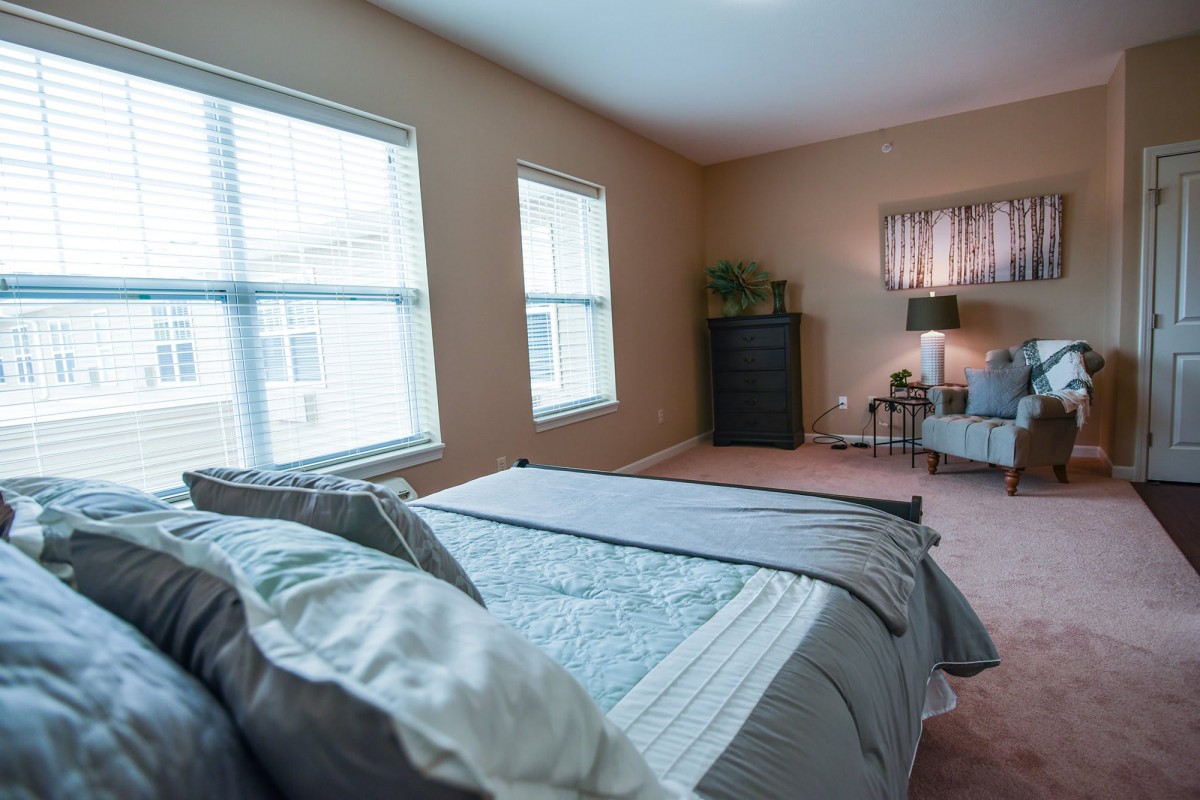A cozy bedroom with natural light and modern decor.