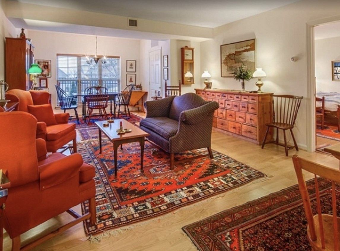 A cozy living room with elegant furnishings and vibrant rugs, bathed in natural light.