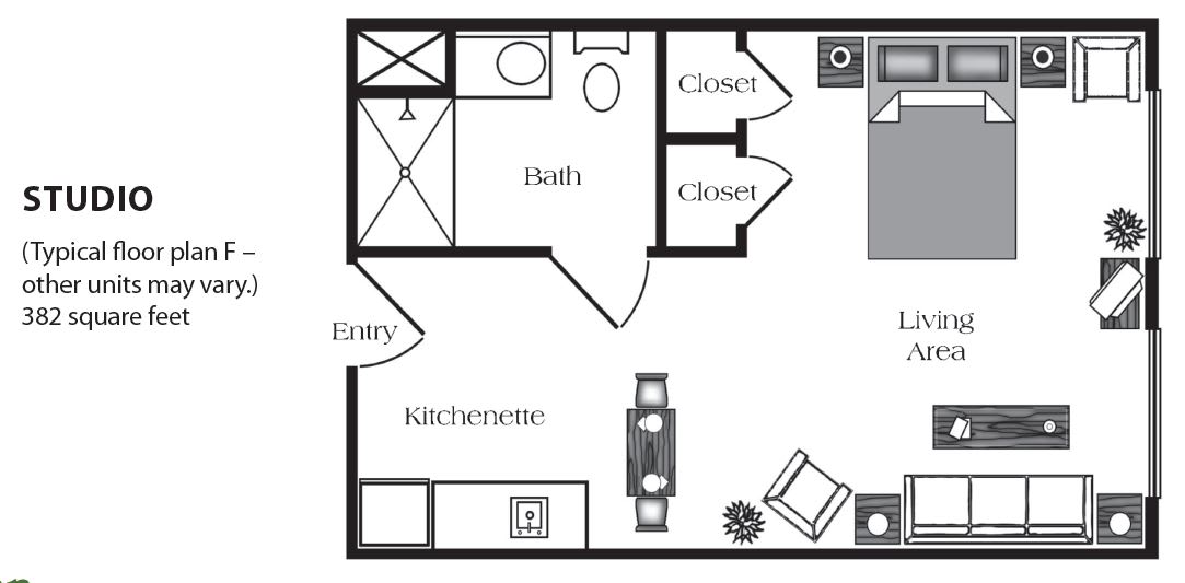 Studio apartment floor plan with bathroom, kitchenette, and closets.