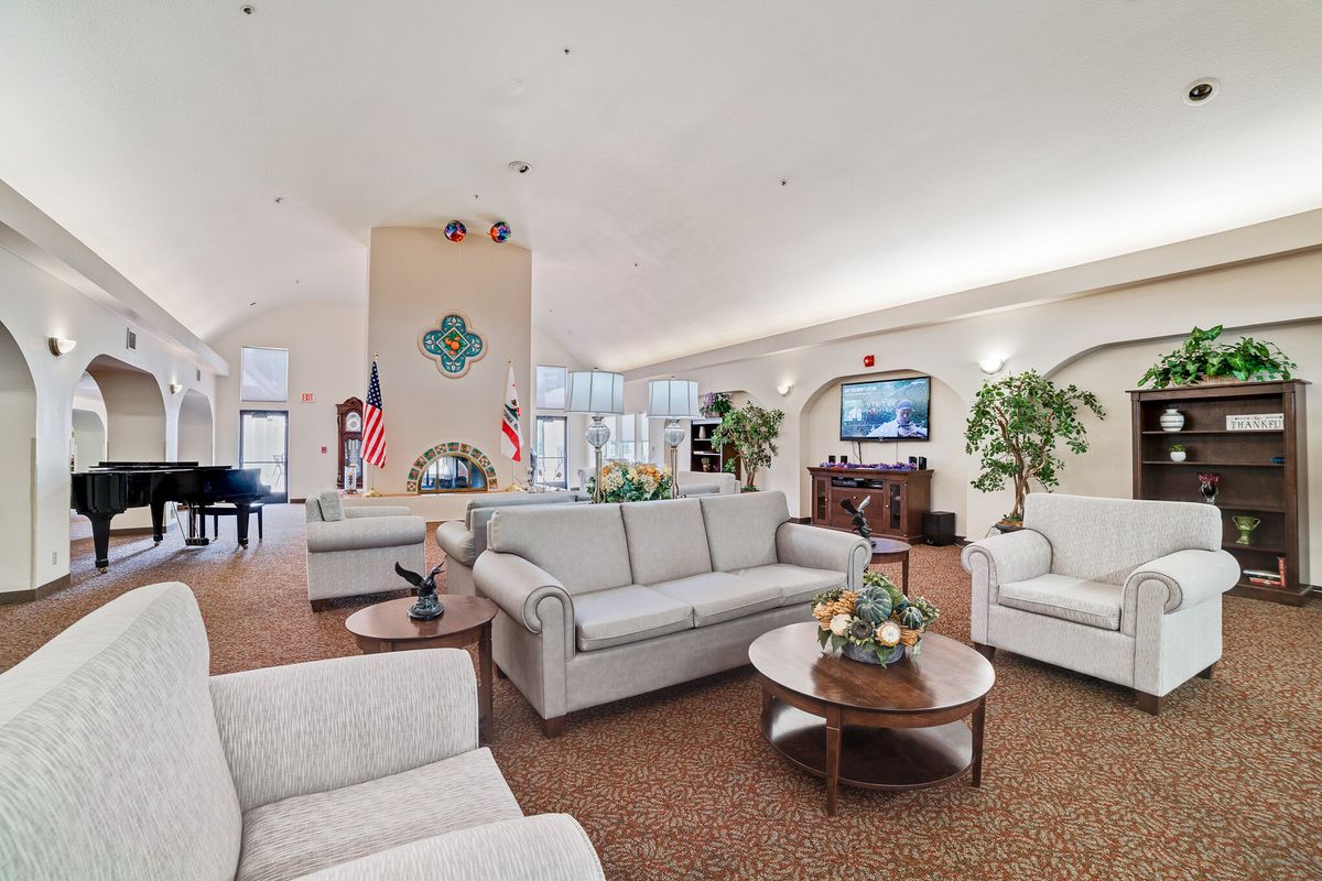 A spacious and well-lit living room featuring comfortable sofas, a television, indoor plants, and decorative elements.