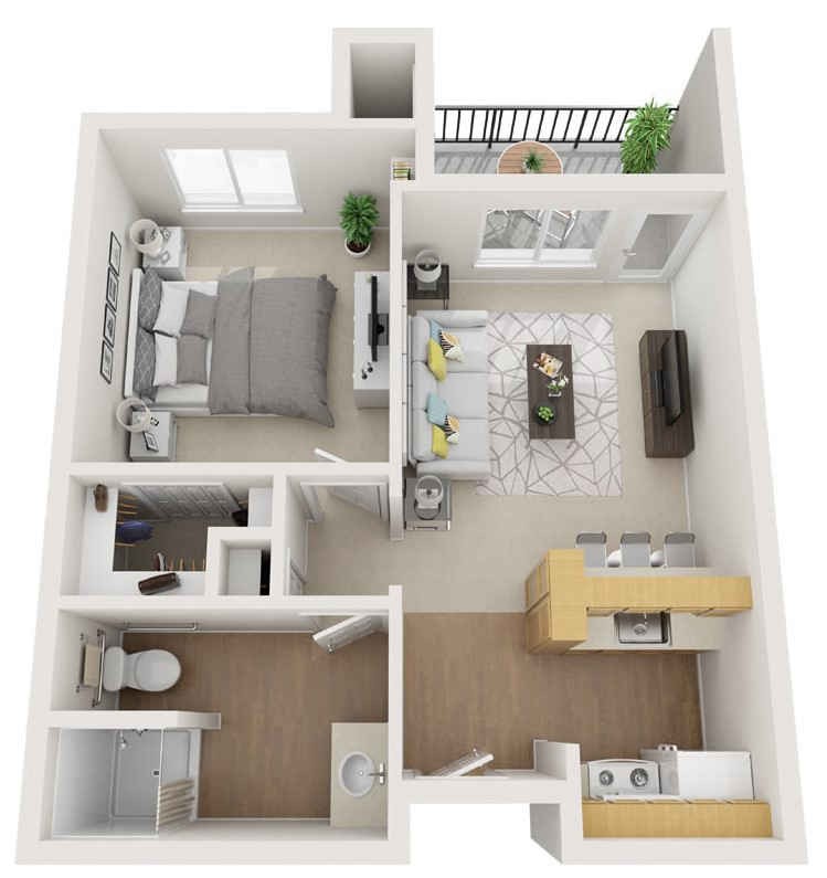 A 3D floor plan of a one-bedroom apartment featuring a living room, kitchen, bathroom, bedroom, and balcony.