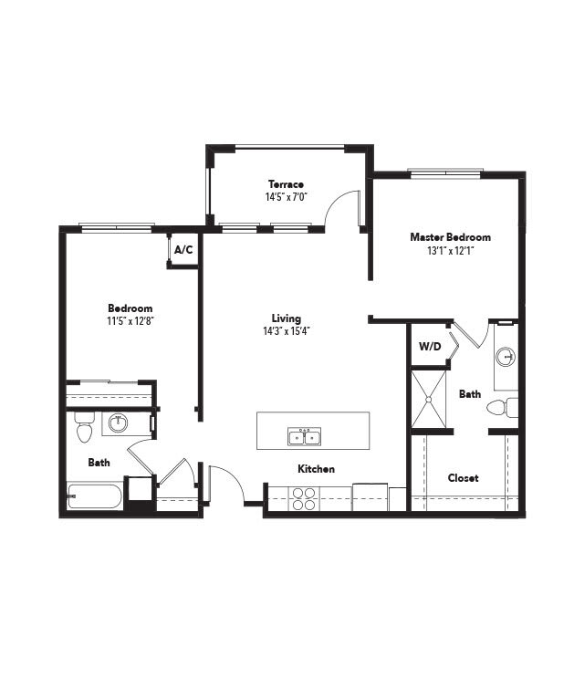 A detailed floor plan of a two-bedroom, two-bathroom apartment layout.