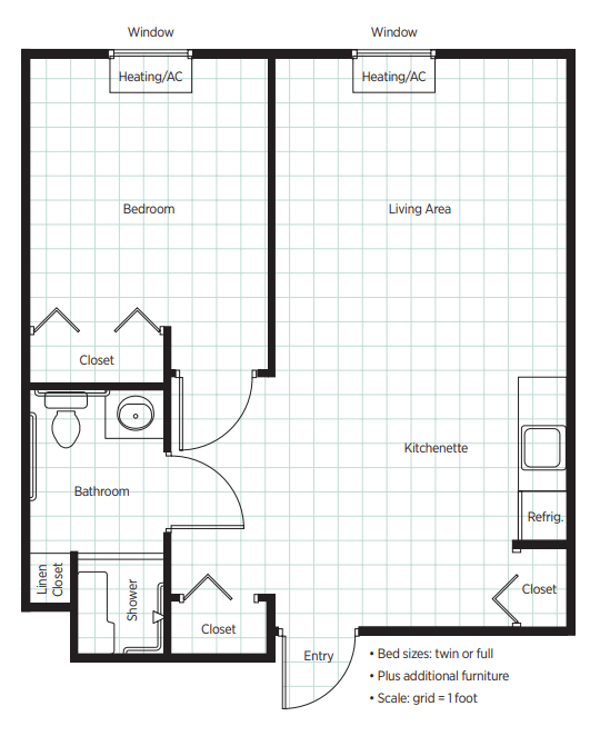 A floor plan of an apartment featuring a bedroom, bathroom, kitchen, and living area.
