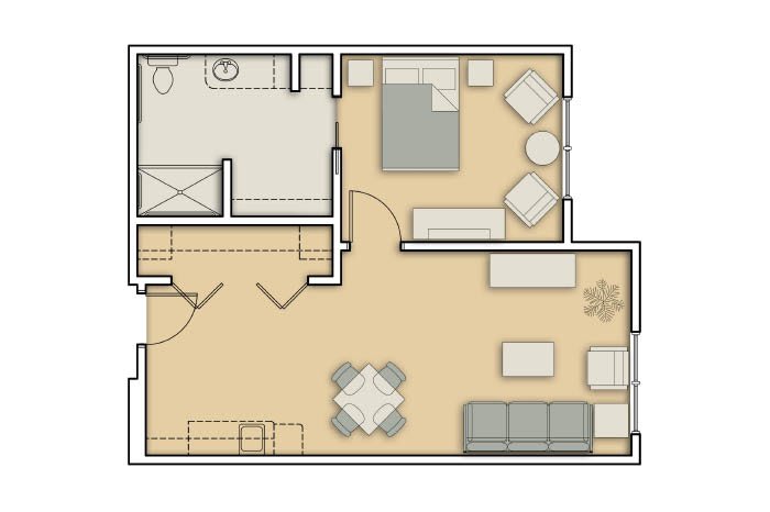 A floor plan of a one-bedroom apartment, showcasing the arrangement of the living room, kitchen, bedroom, and bathroom.