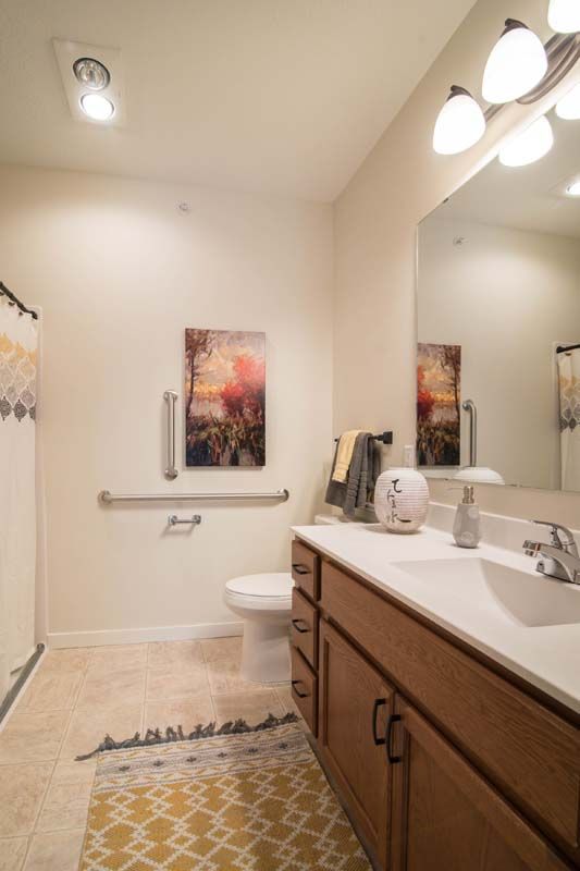 A well-lit bathroom with modern amenities, featuring a sink, mirror, and artwork on the wall.