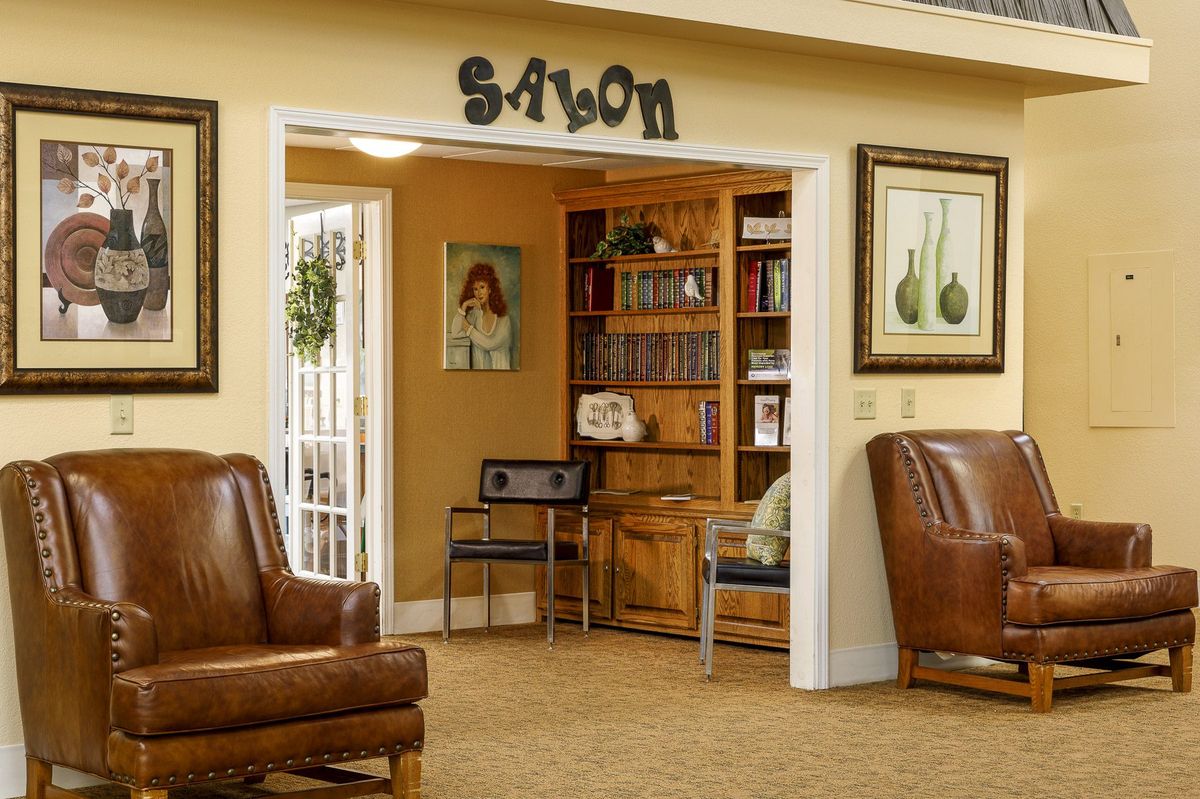 A cozy salon area featuring brown leather chairs and a bookshelf.