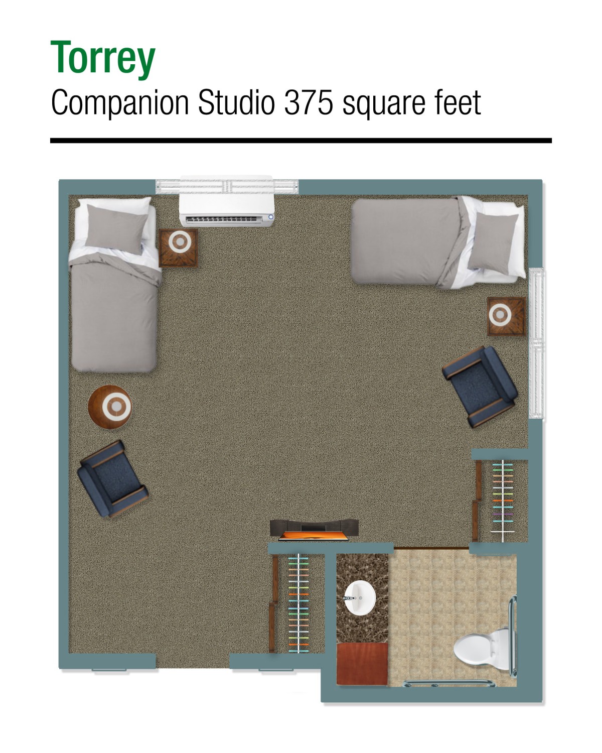 Companion Studio Layout of 375 square feet with two beds and shared amenities.