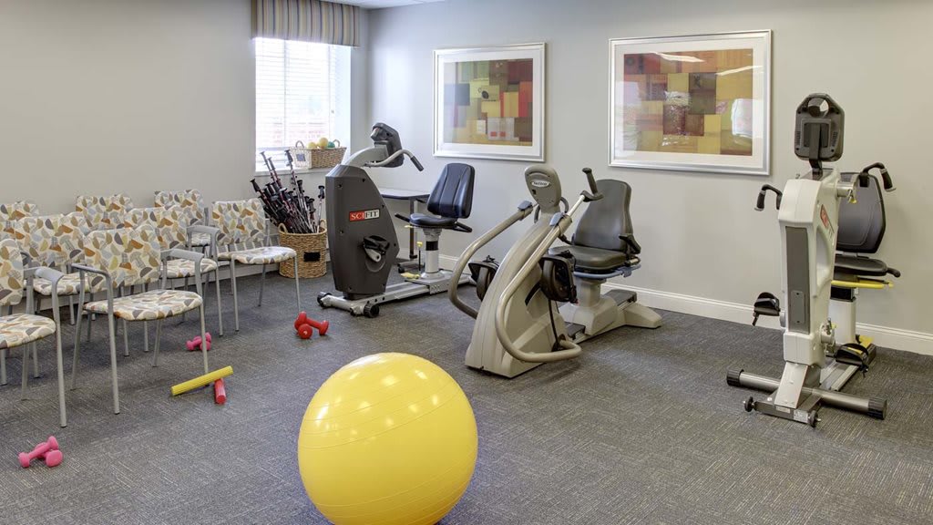A well-equipped fitness room with exercise bikes and therapy balls.
