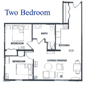 This is a floor plan of a two-bedroom apartment, showing the layout of rooms including bedrooms, a bathroom, kitchen, and living/dining area.